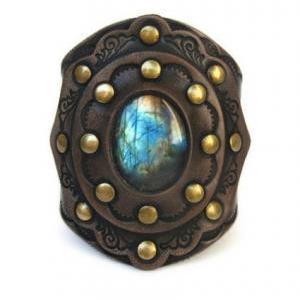 Tooled Leather Cuff With Labradorite Stone By..