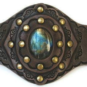Tooled Leather Cuff With Labradorite Stone By..