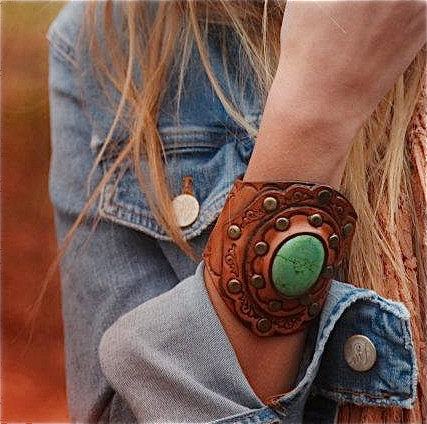Tooled Leather Boho Cuff Green Turquoise Stone Tooled Design Wide Boho Karen Kell Collection