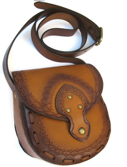 Tooled Boho Leather Vegetable Tan Cross Body Bag With Adjustable Strap Vintage Style Paisley Haze